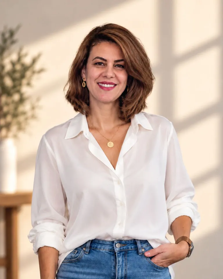 Carol sorrindo, de camisa branca, numa sala com luz natural